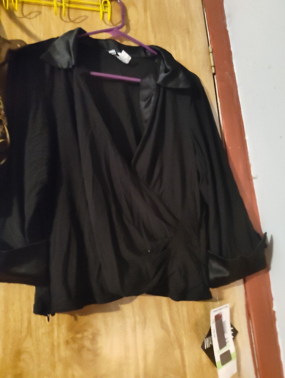 R&M Richards Black Satin Trim Wrap Blouse